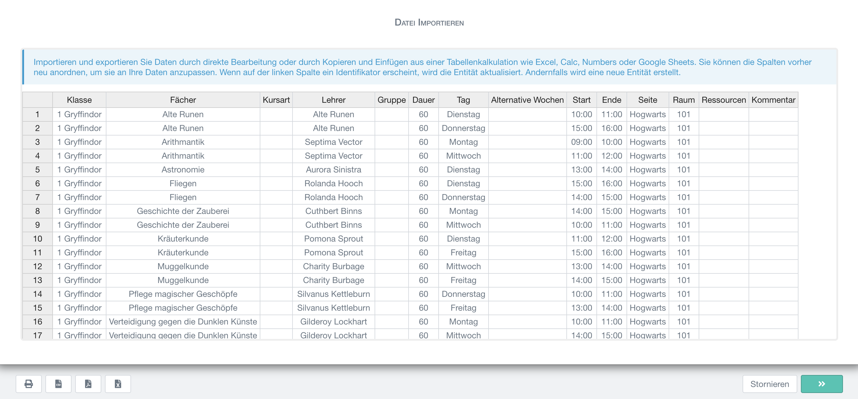 Massenimport eines vollständigen Stundenplans durch Kopieren und Einfügen einer Kursliste aus einer Tabellenkalkulation (Excel, Google Sheets, Numbers, etc.)