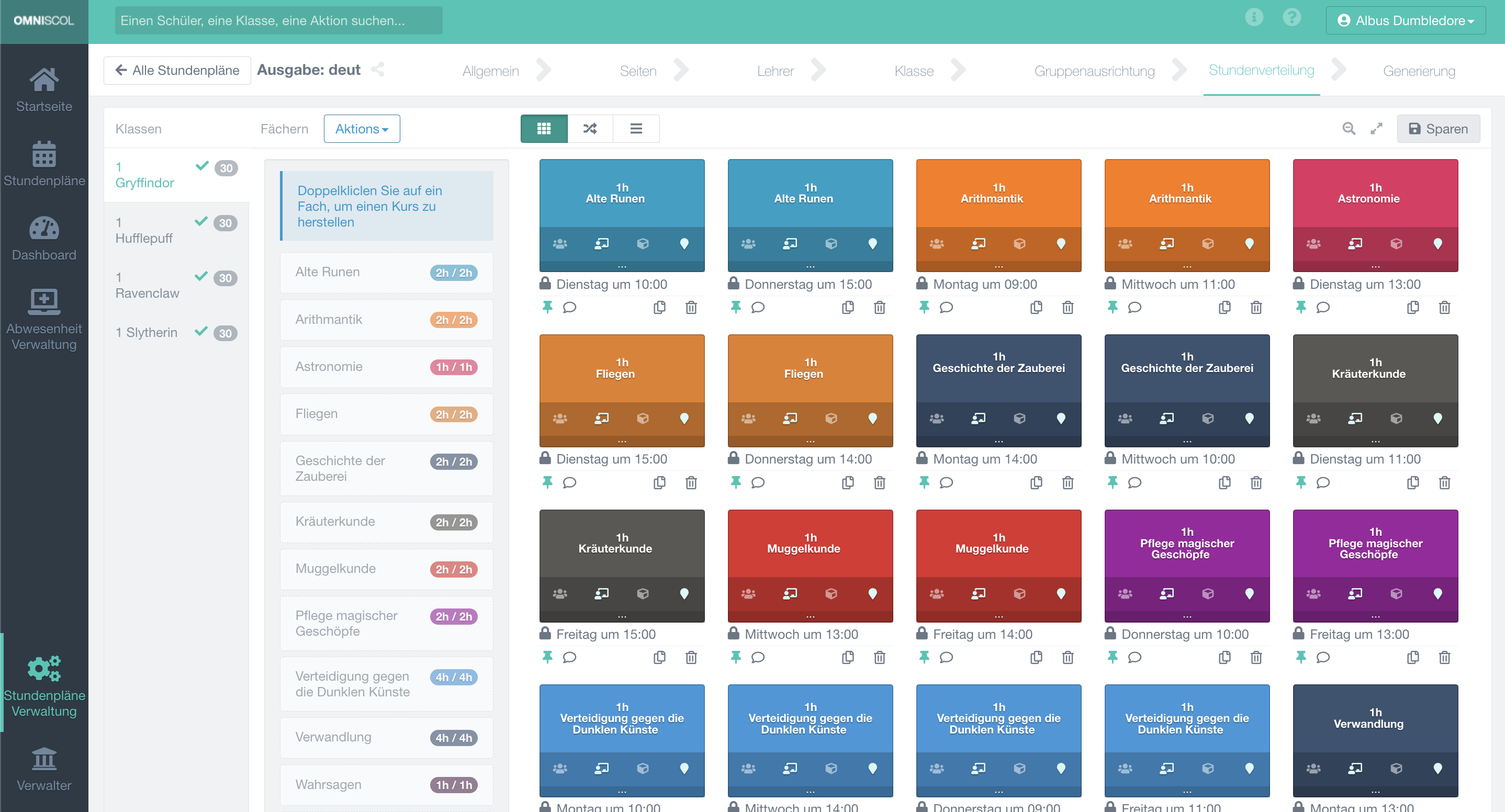 Verwaltung der Schulstundenpläne, Bildschirm zur Verteilung der Unterrichtsstunden mit Konfliktmanagement