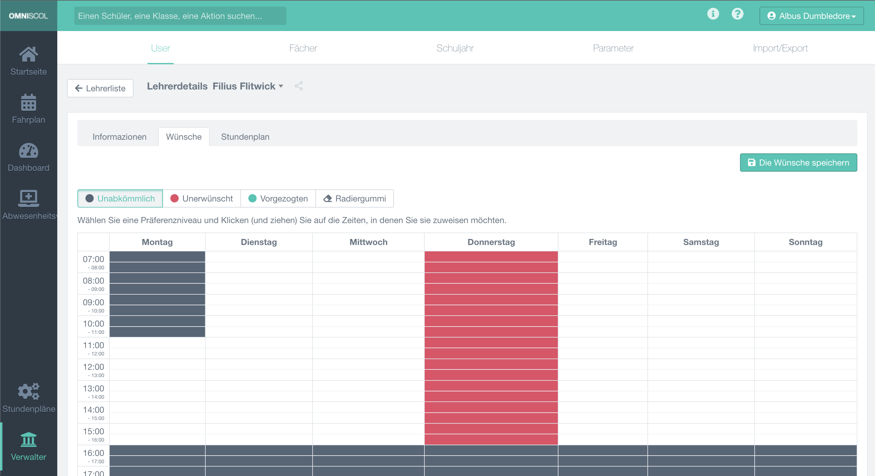 Verwaltung der Vorlieben der Lehrer in einem Stundenplan, wobei jede Zeitspanne an jedem Tag als nicht verfügbar (schwarz), unerwünscht (rot) oder bevorzugt (grün) dargestellt wird