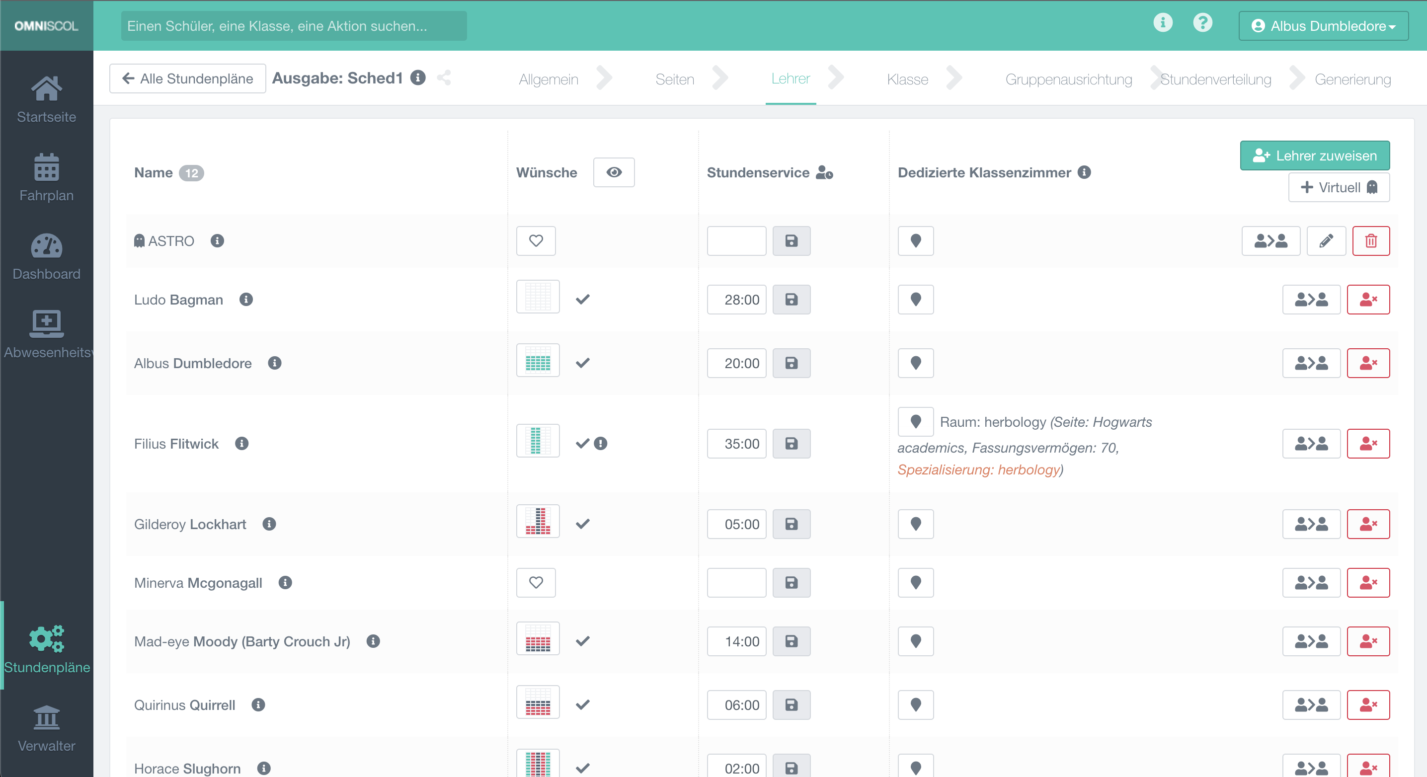 importieren von Lehrern in den Stundenplan im Designprozess unter Berücksichtigung der Vorlieben, des geplanten Stundenplans und des optional bevorzugten Raums