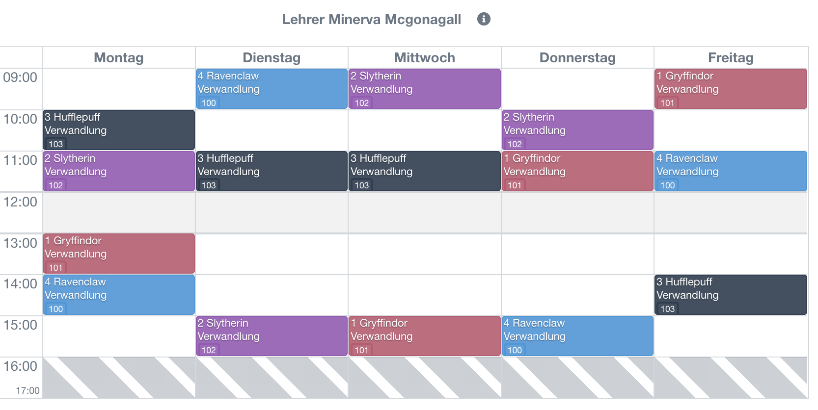 Stundenplan eines Lehrers in Bearbeitung, mit Hintergrundanzeige des wöchentlichen Verfügbarkeitskalenders (Präferenzen) des Lehrers