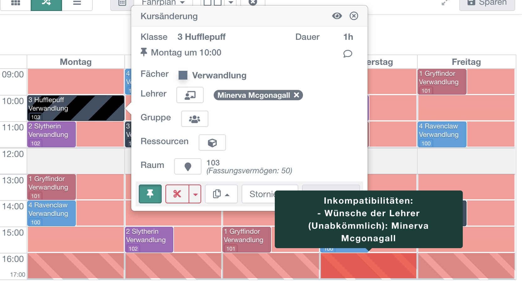 verschieben einer Klasse im Stundenplan eines Lehrers, wobei alle möglichen Zeiten (grün) und Konflikte (rot) angezeigt werden, insbesondere aufgrund von angegebenen Unverfügbarkeiten (Präferenzen)