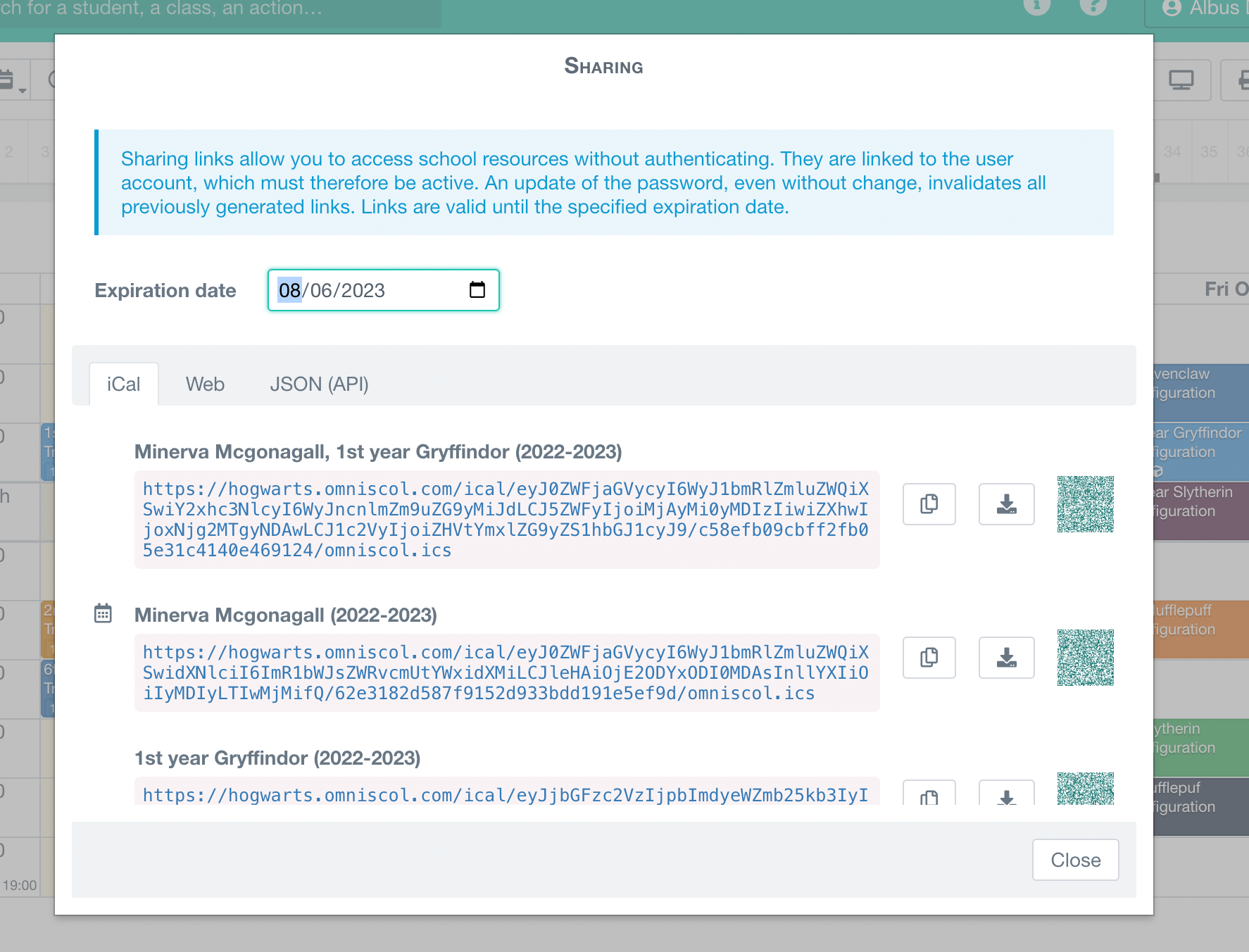 unique link generation panel for sharing via iCal, web page or Json data format (API)