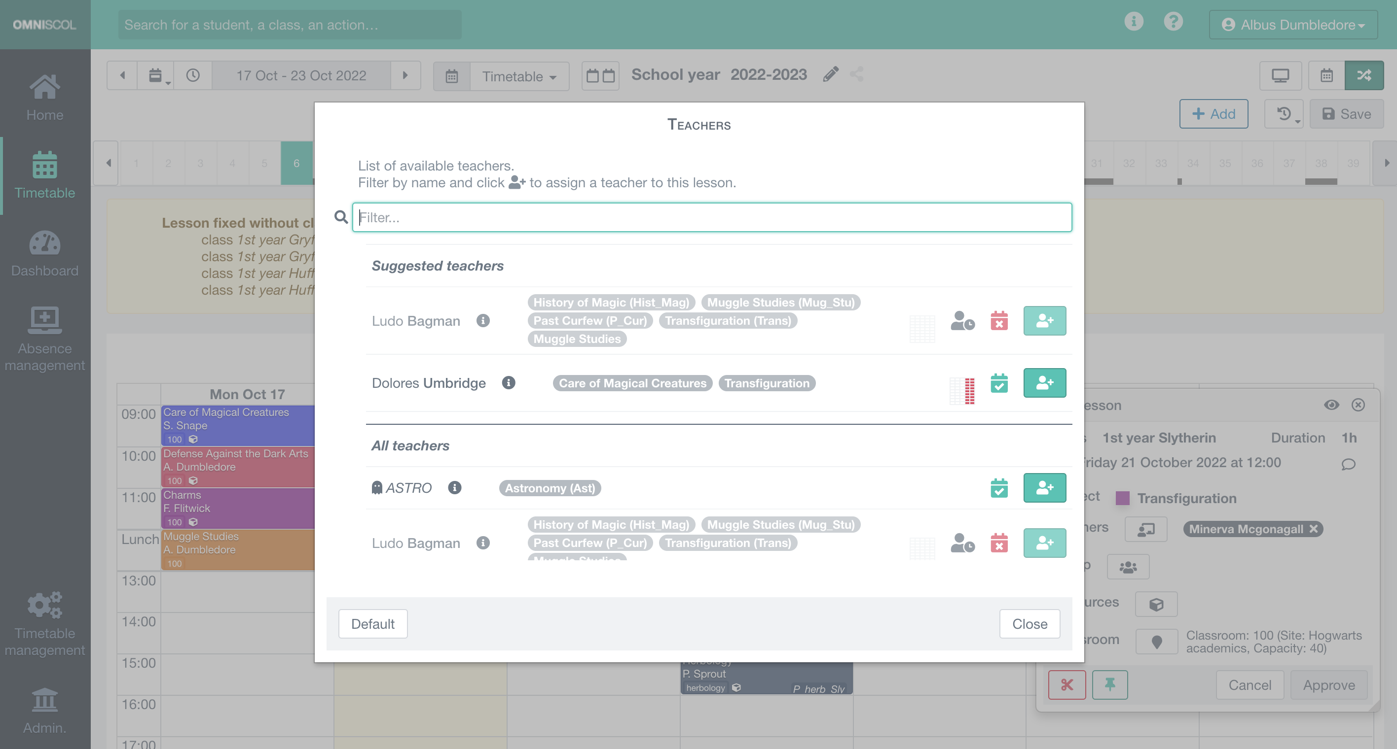 choice of a teacher to assign to a lesson via a list with names, subjects taught and availability for each teacher, specifying potential conflicts