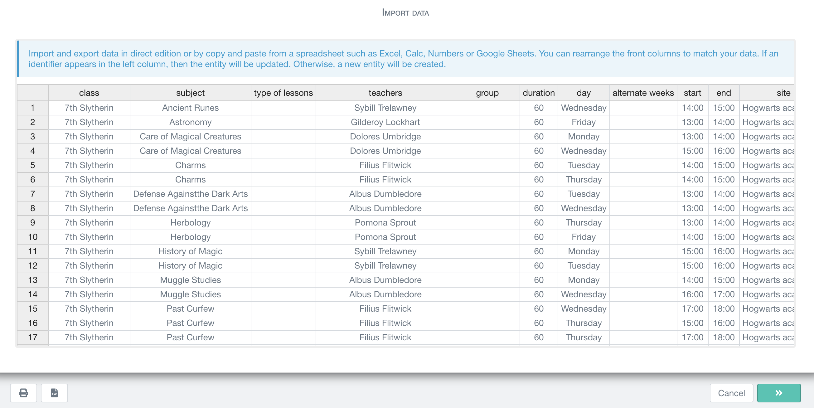 massive import of a complete timetable by copying and pasting from a spreadsheet (Excel, Google sheet, Numbers, etc.)