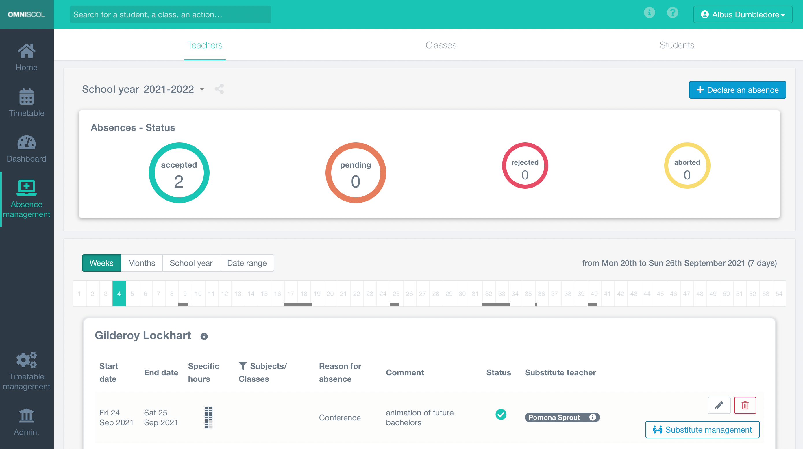 recording and management of teacher, class and student absences, with management of teacher substitutions