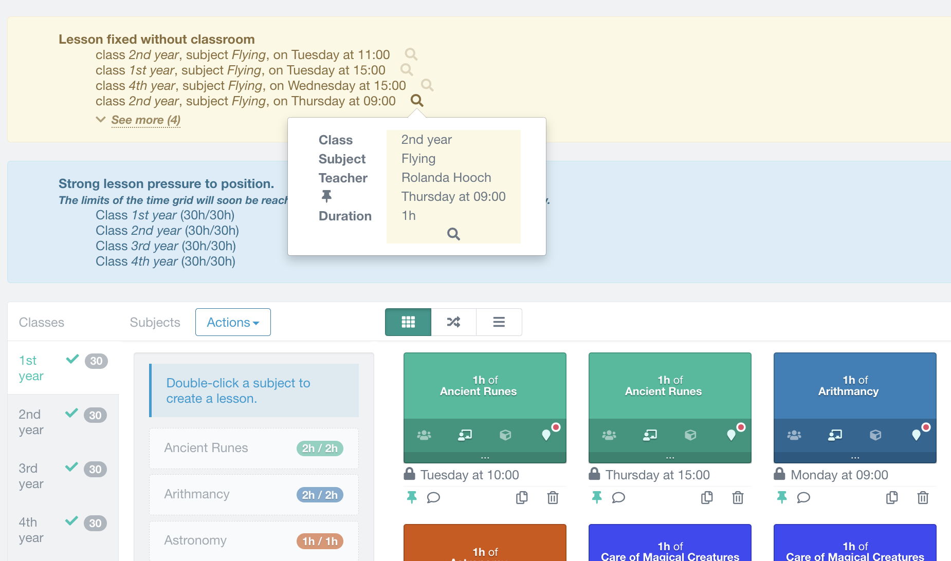Problem detection in a lesson: alert for an undefined classroom