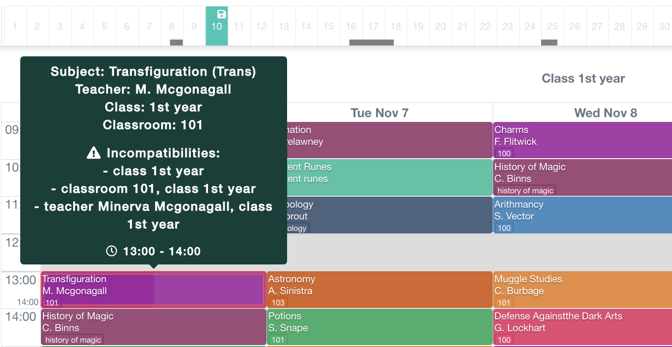 Problem detection: alerts on a lesson with multiple conflicts, directly on the timetable