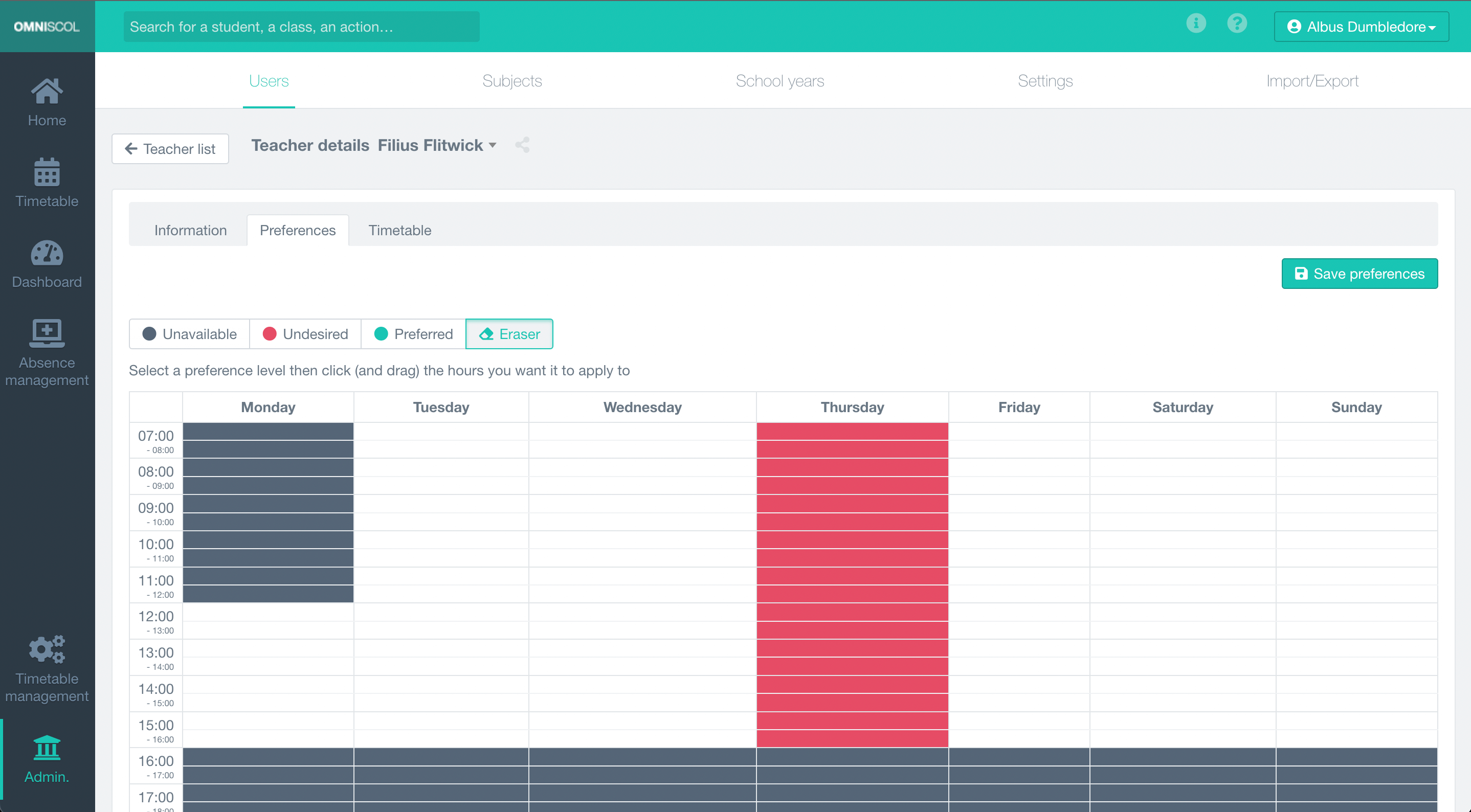 management of teachers' wishes, on an agenda to be painted, for each slot of each day: unavailable (black), undesired (red), preferred (green)