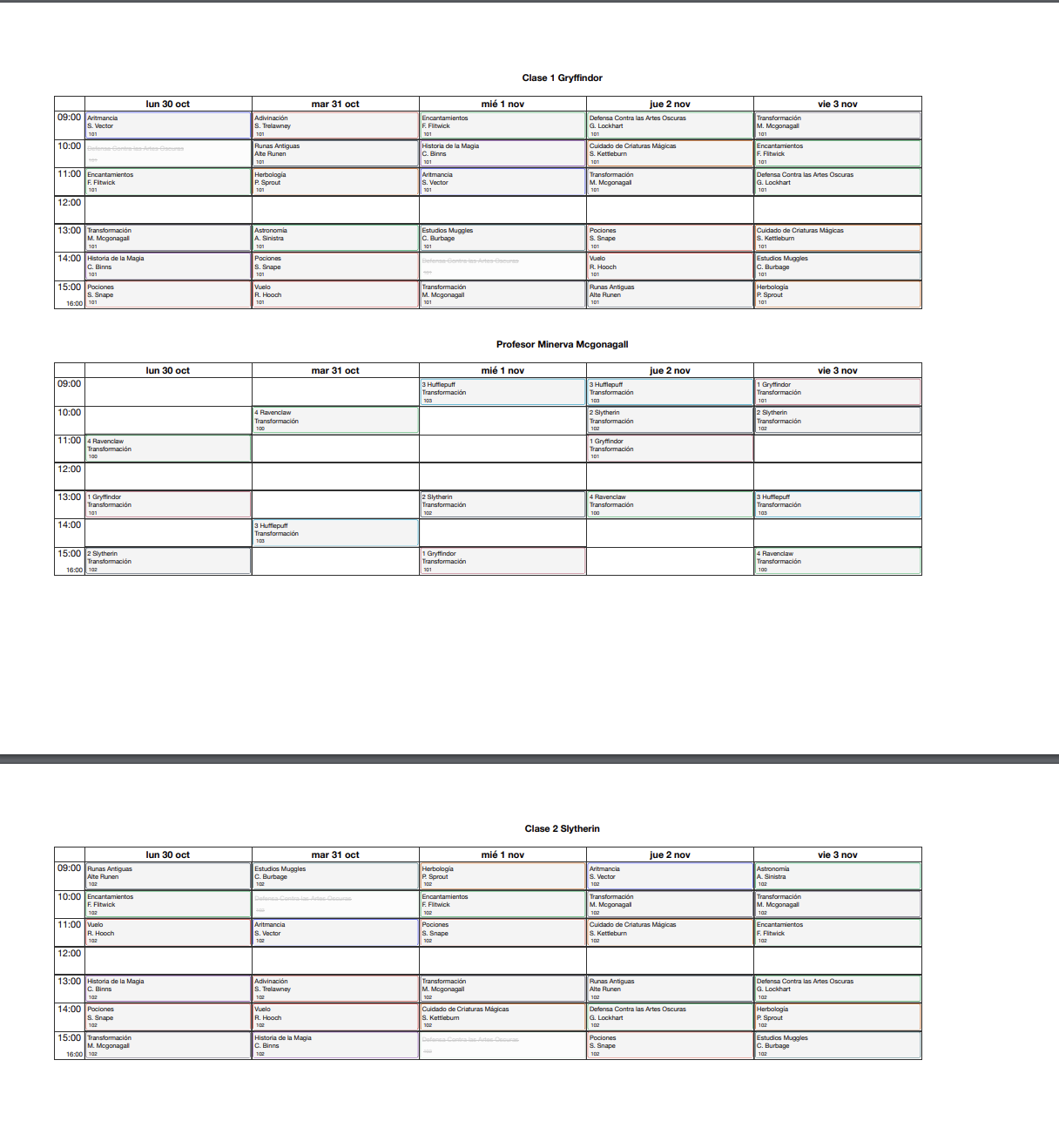 impresión de un horario