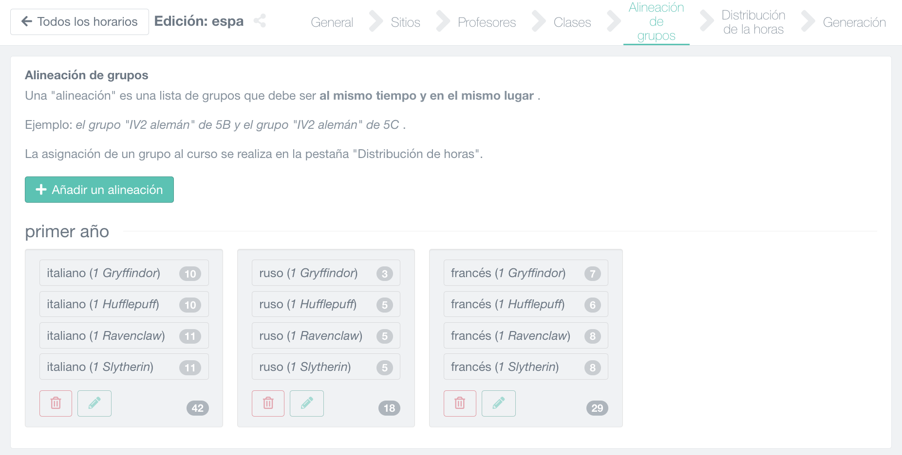 división de la clase por grupos