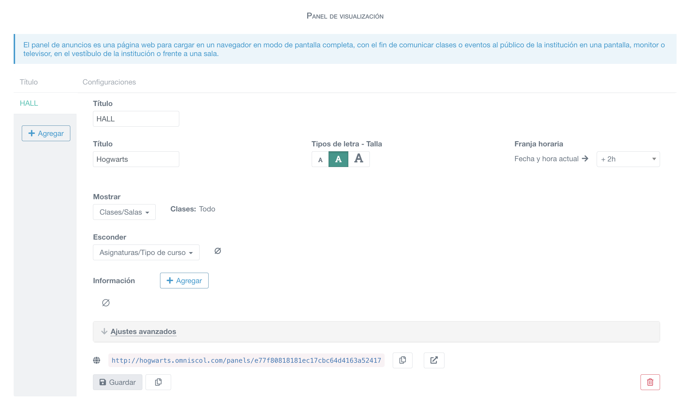 configuración del panel de información de la escuela