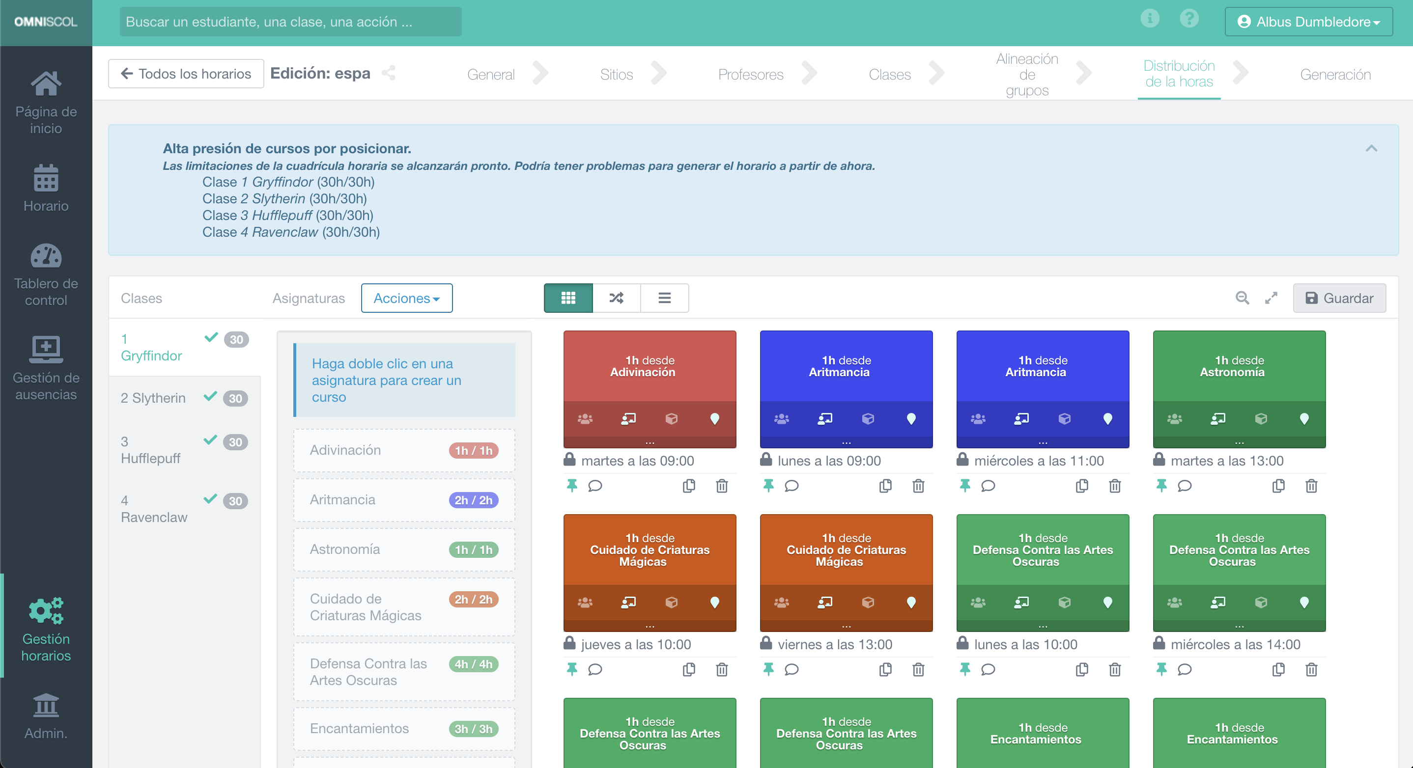gestión de los horarios escolares, pantalla de distribución de las horas de clase con gestión de conflictos
