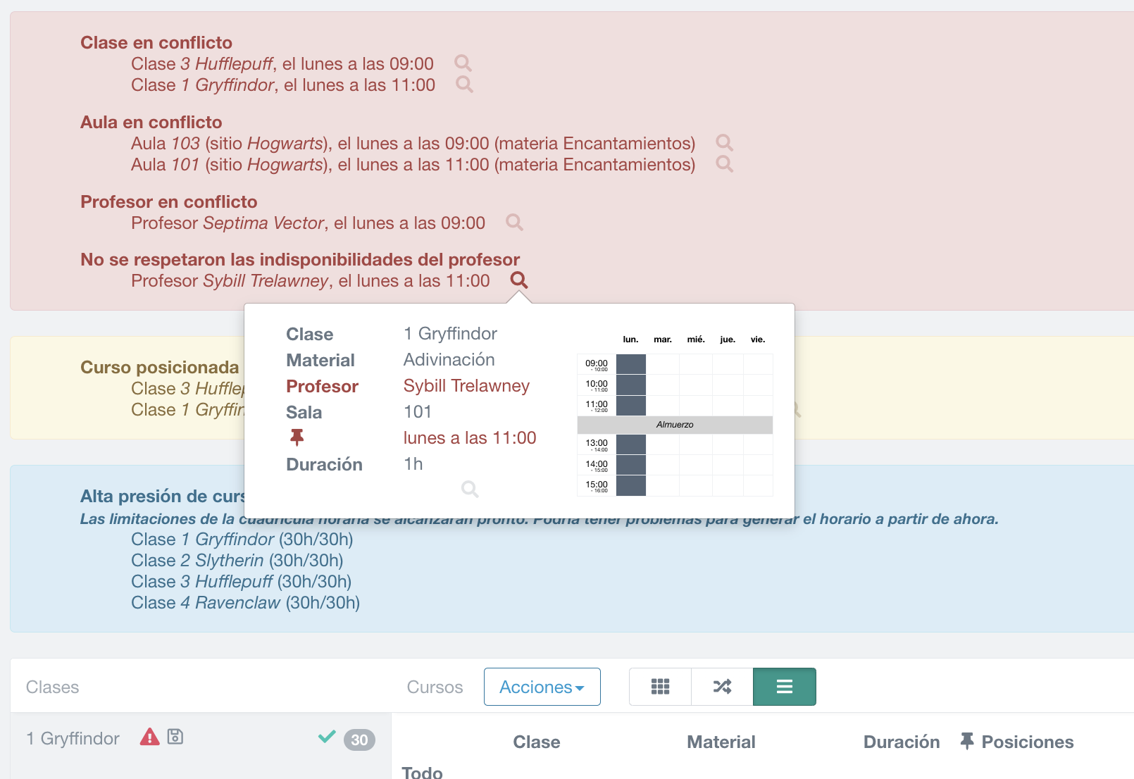 detección de problema: alerta por disponibilidad de profesor no respetada