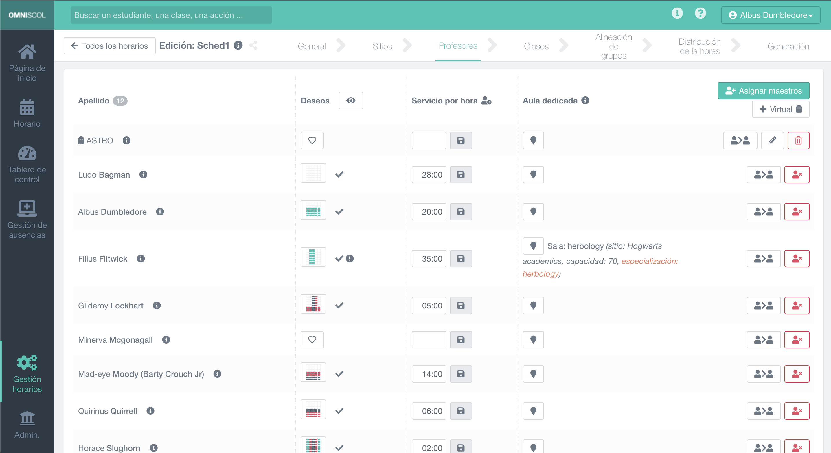 importación de profesores en el horario en proceso de diseño, con la consideración de las preferencias, el horario de servicio previsto y la sala preferida opcional