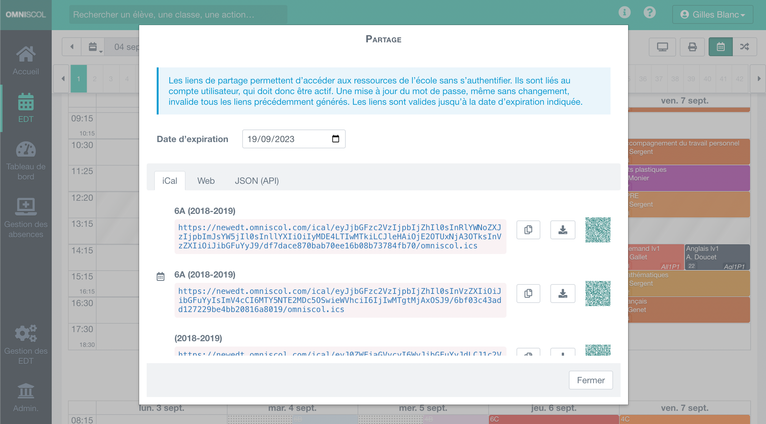 panneau de génération du lien unique de partage par iCal, page web ou au format de données Json (API)