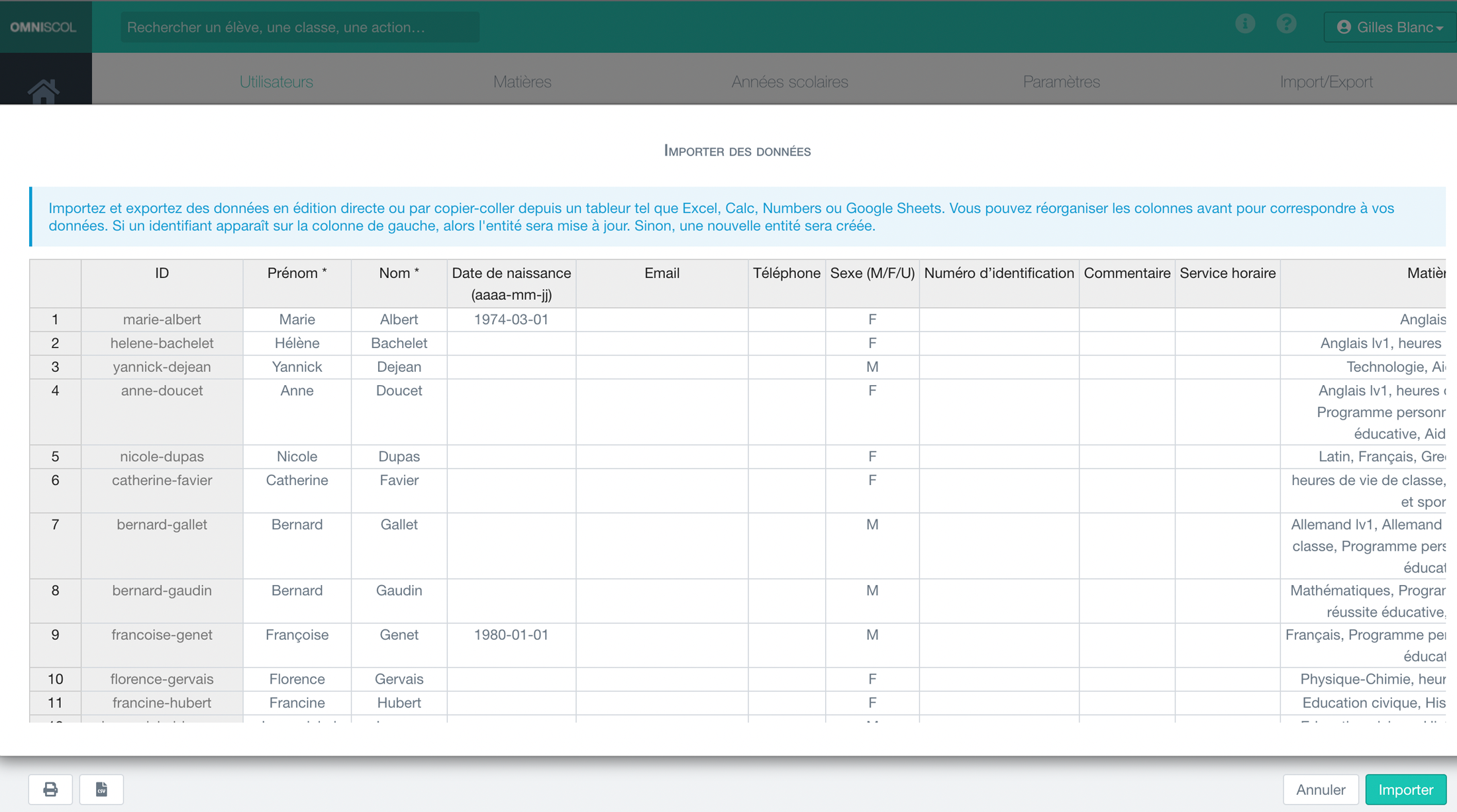 importation des données massives de l'école, par exemple les utilisateurs, par copier-coller depuis tableur (Excel, Google sheet, Numbers, etc.)
