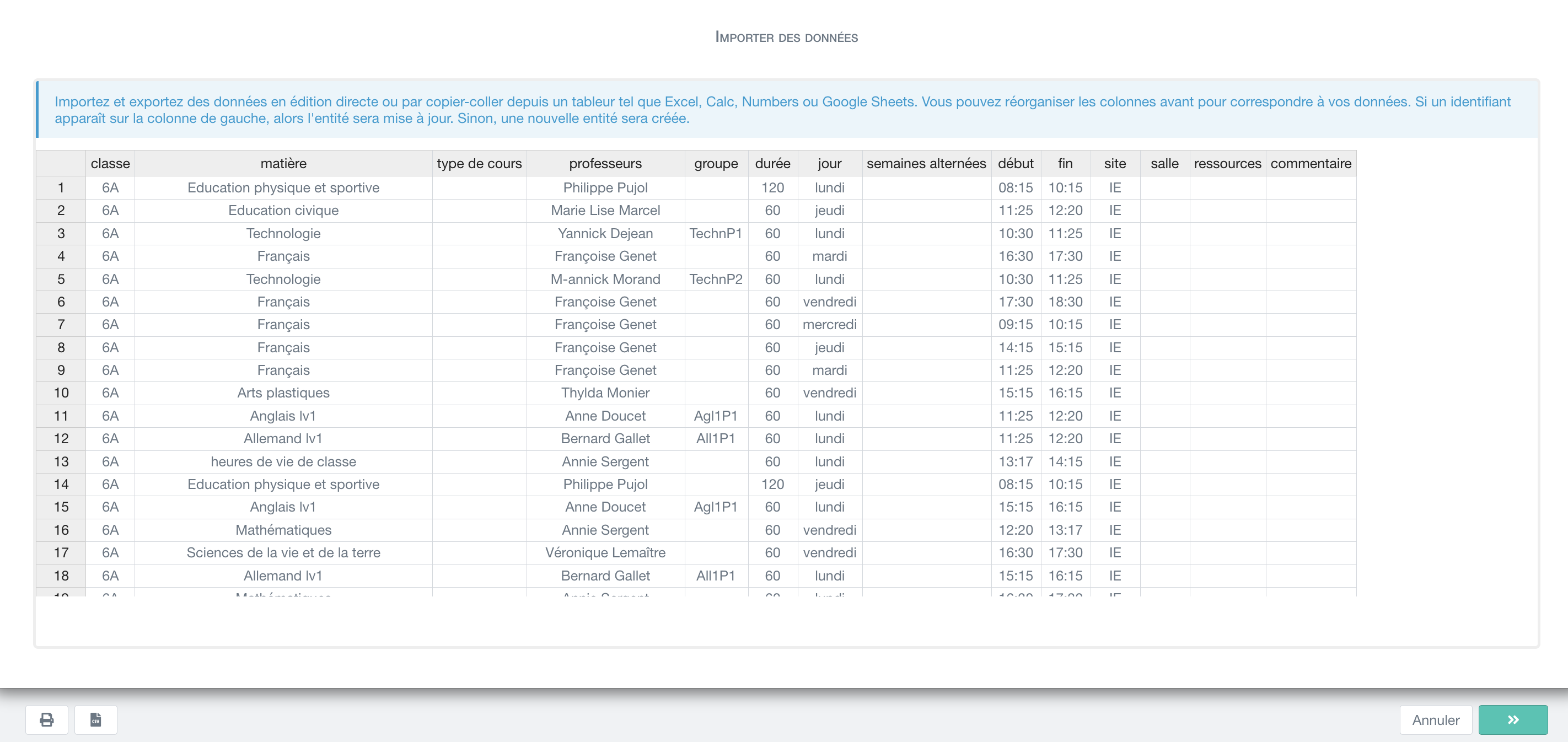 importation massive d'un emploi du temps complet par liste de cours copiée-collée depuis un tableur (Excel, Google sheet, Numbers, etc.)