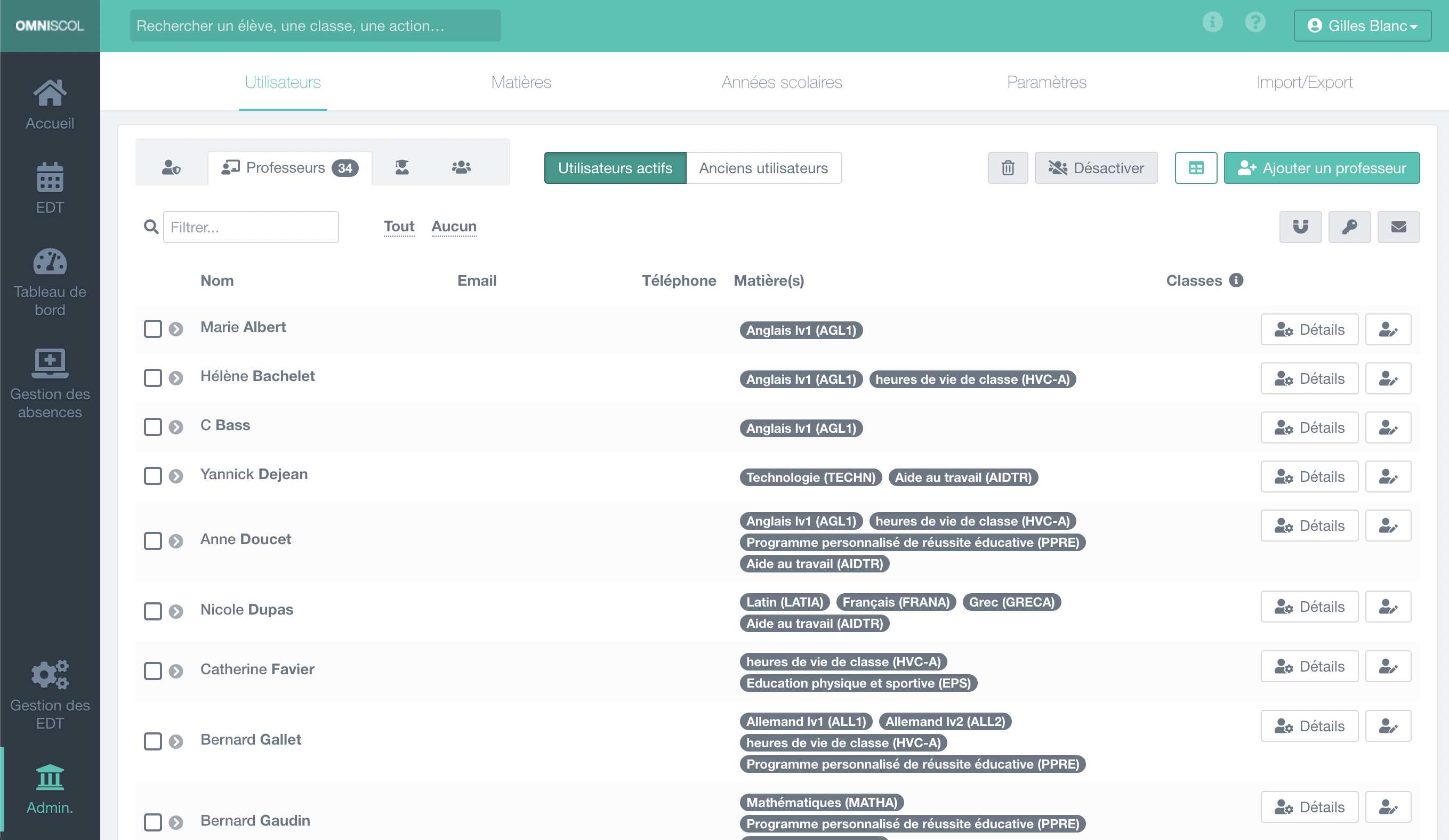 module d'administration des utilisateurs (liste, fiches de renseignements, gestion) et des paramètres généraux