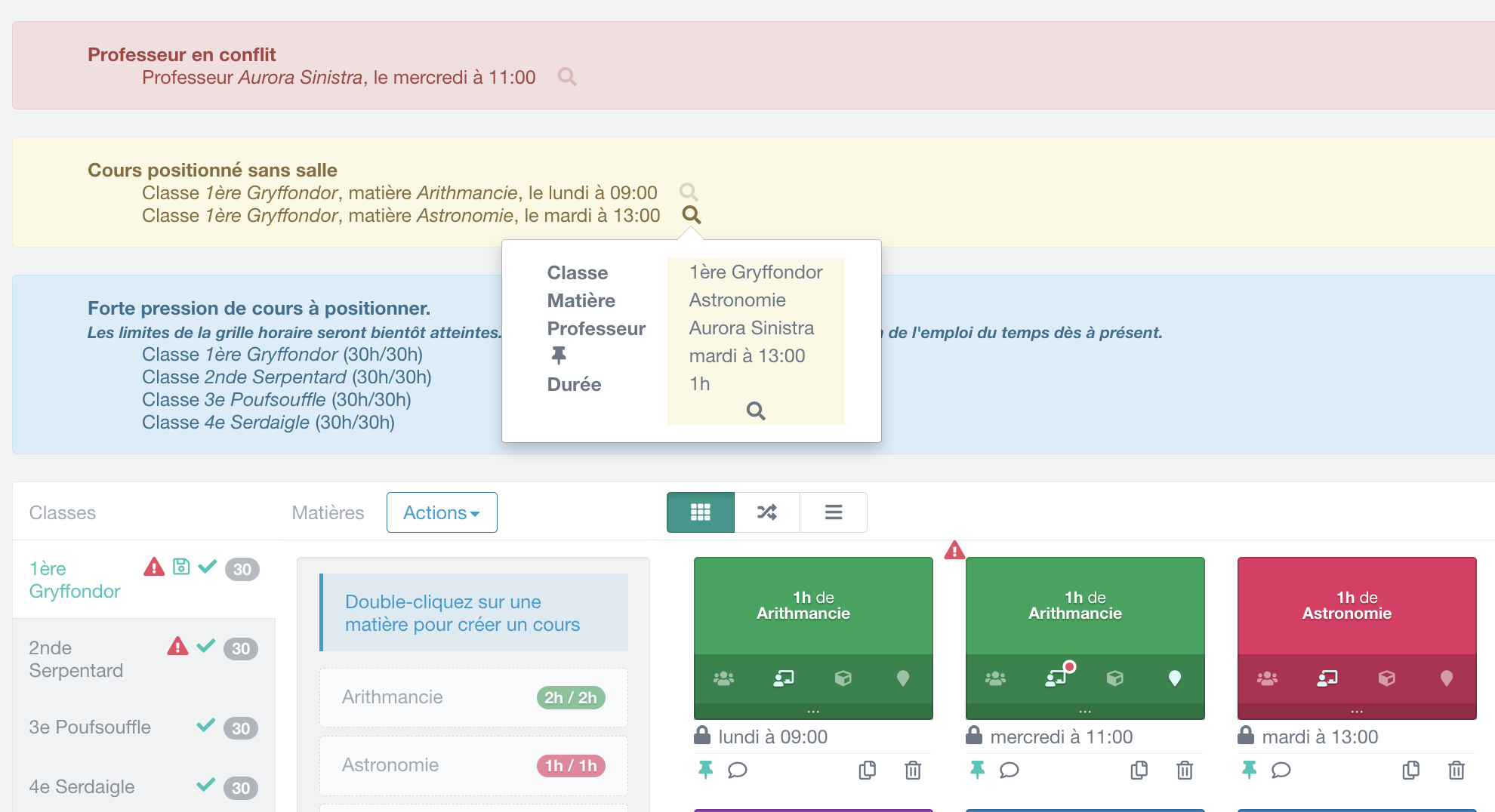 détection de problème sur un cours : alerte pour salle de classe non définie