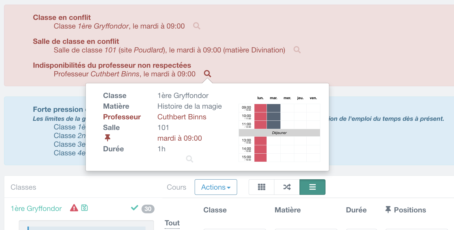 détection de problème : alerte sur la disponibilité d'un professeur non respecté