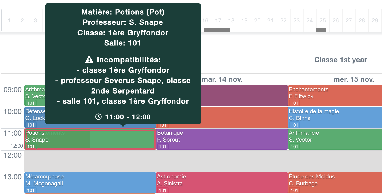 détection de problème : alertes sur un cours avec plusieurs conflits, directement sur l'emploi du temps