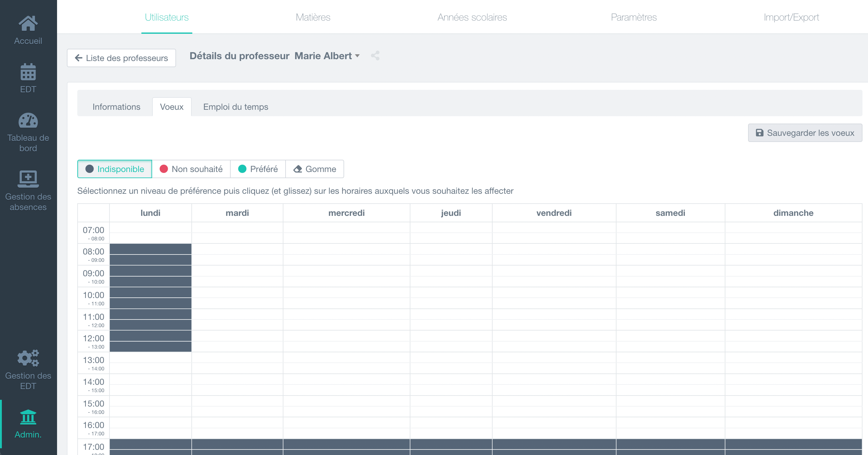 gestion des voeux des professeurs, sur un agenda à peindre, pour chaque créneau de chaque journée : indisponible (noir), non souhaité (rouge), préféré (vert)