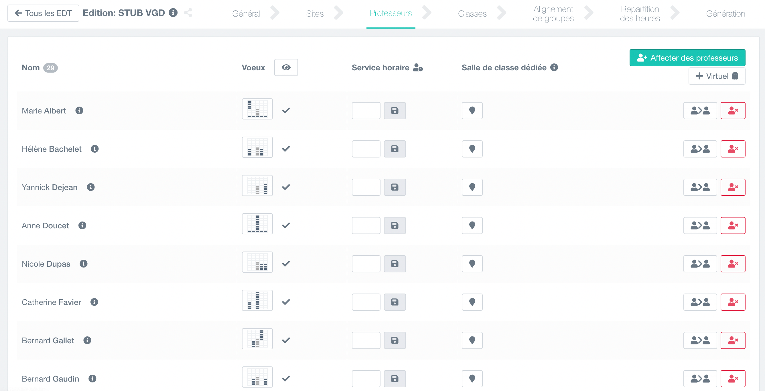 importation des professeurs dans l'emploi du temps en cours de conception, avec la gestion des voeux pris en compte, le service horaire prévu, la salle préférée optionnelle