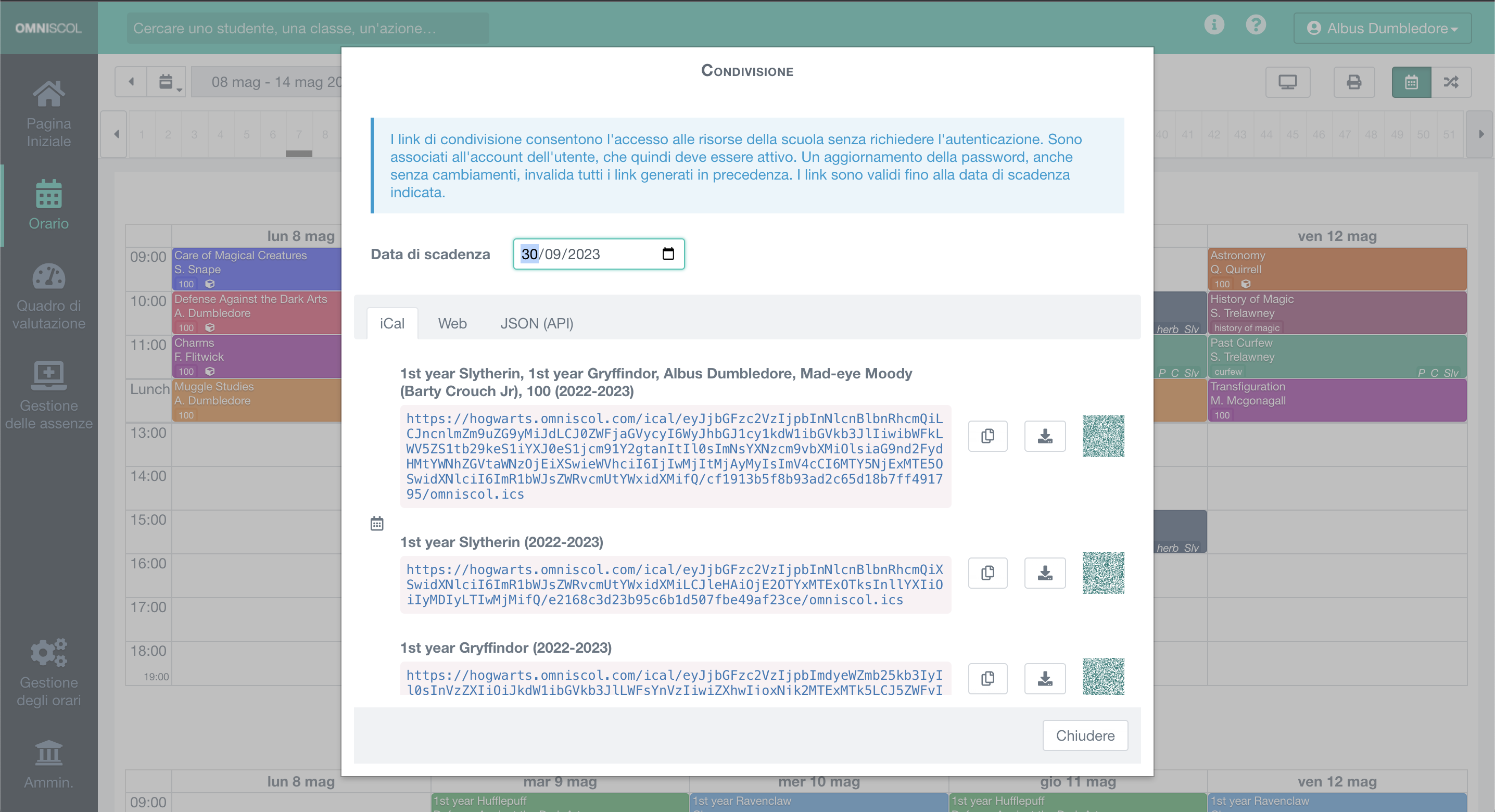 pannello per la generazione di un link unico per la condivisione tramite iCal, pagina web o formato dati Json (API)