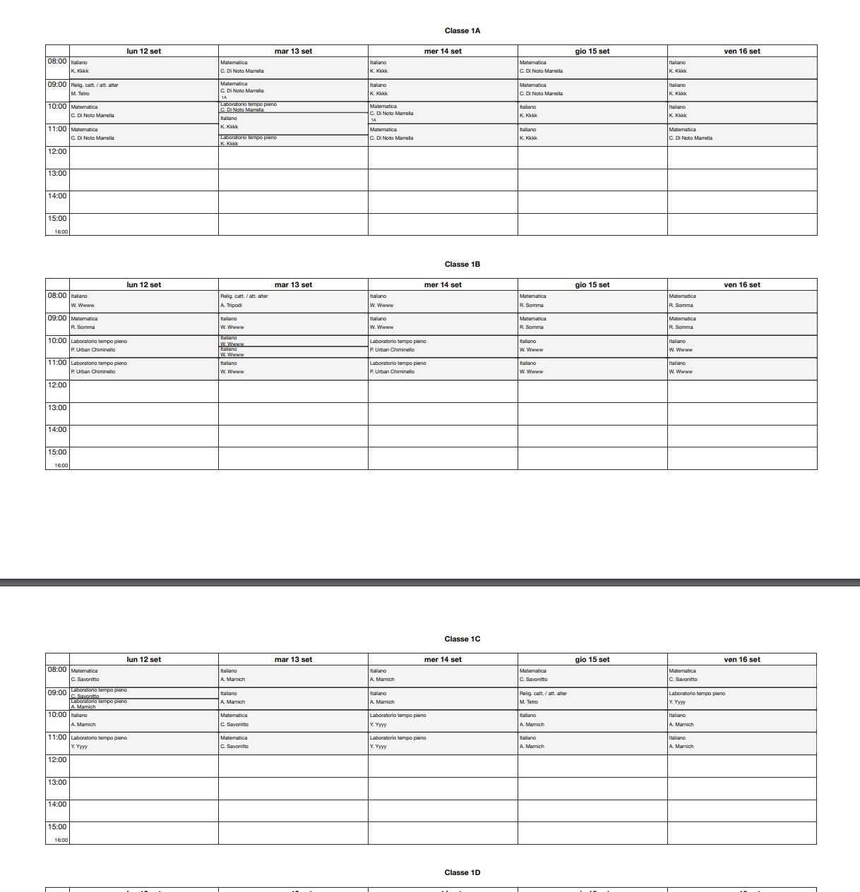 stampa di un orario delle lezioni
