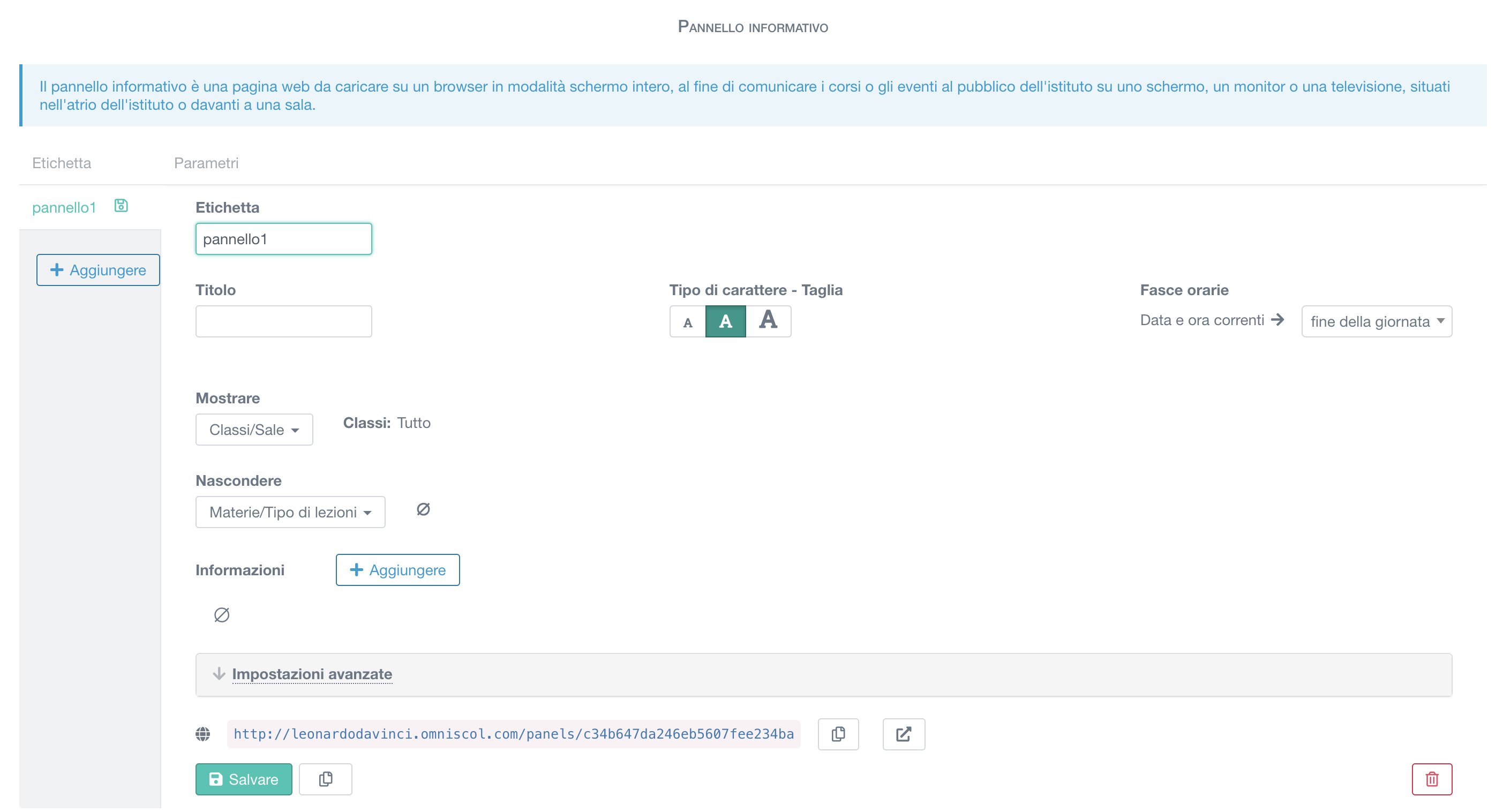configurazione del pannello informativo della scuola