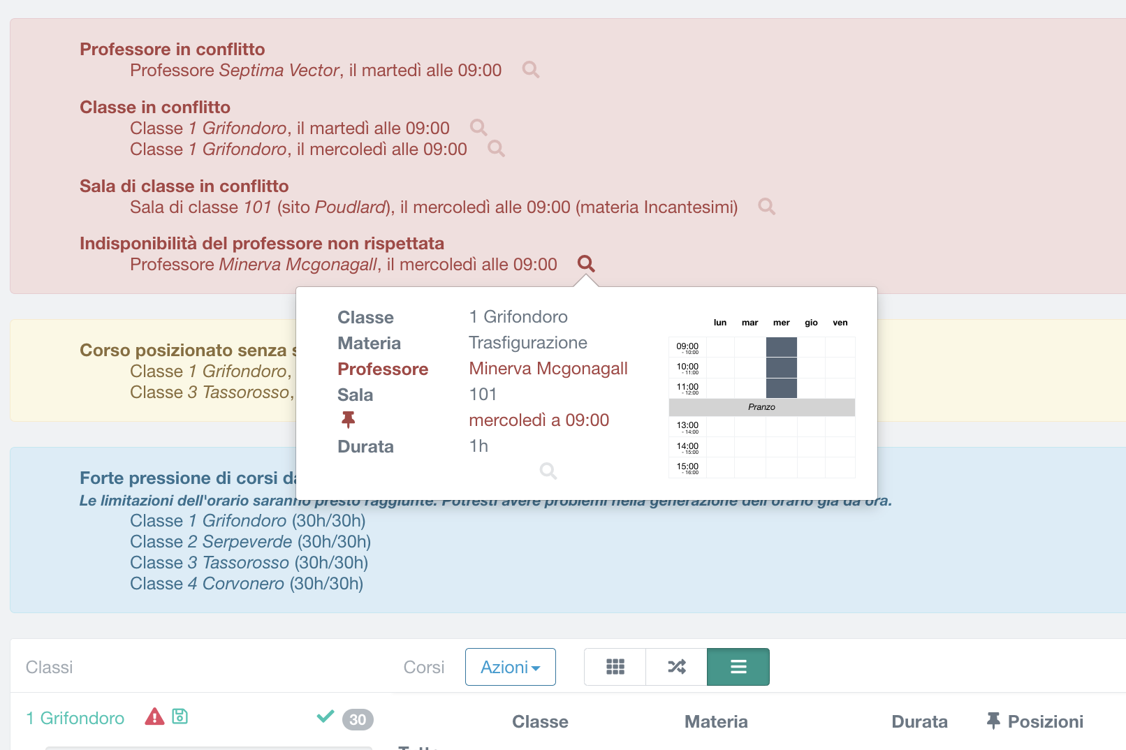 rilevamento problema: avviso sulla disponibilità non rispettata di un docente