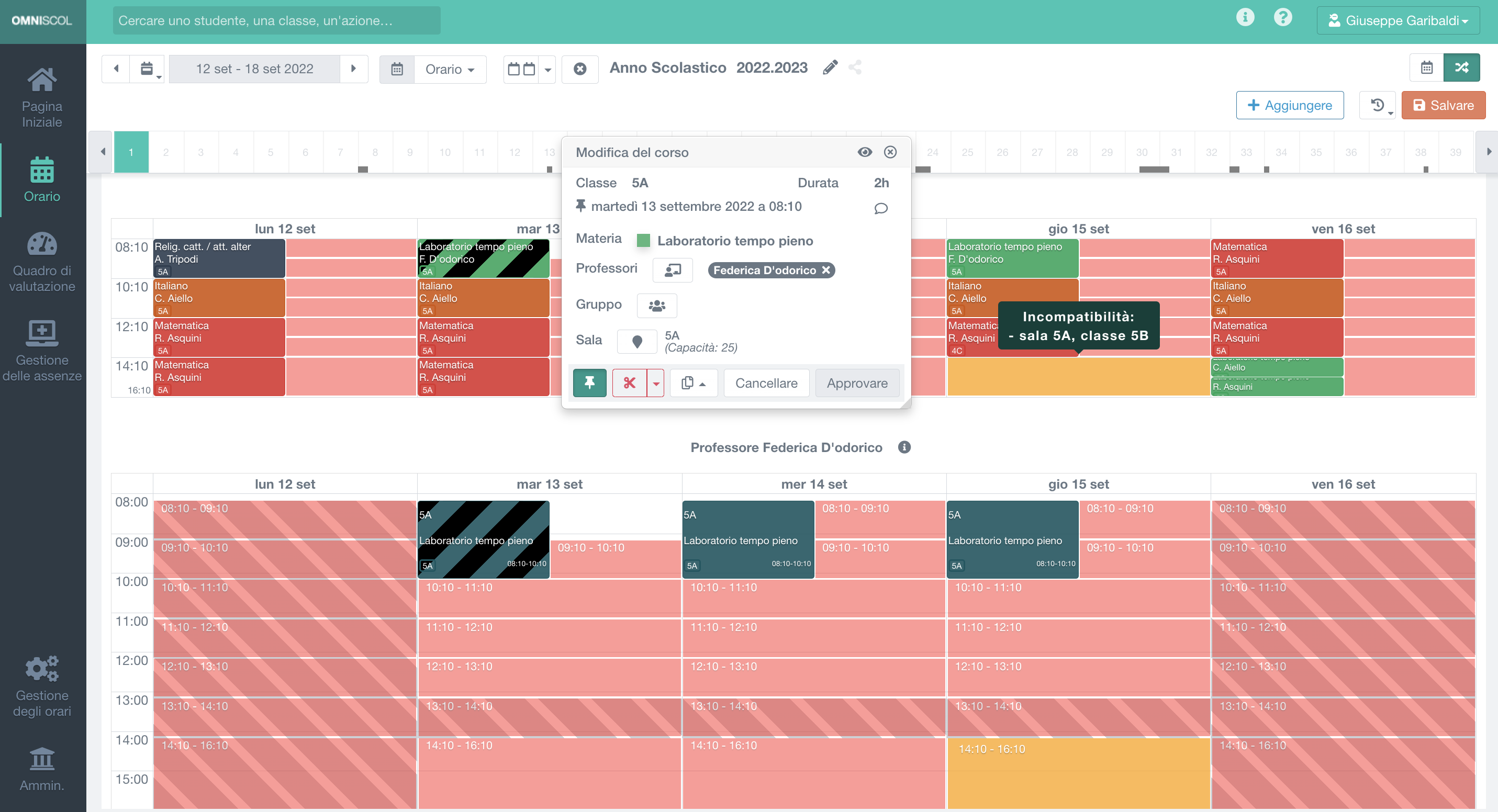 spostamento di una lezione direttamente sull'orario delle lezioni, mostrando tutti gli slot con le opzioni in verde e le posizioni in conflitto in rosso o arancione