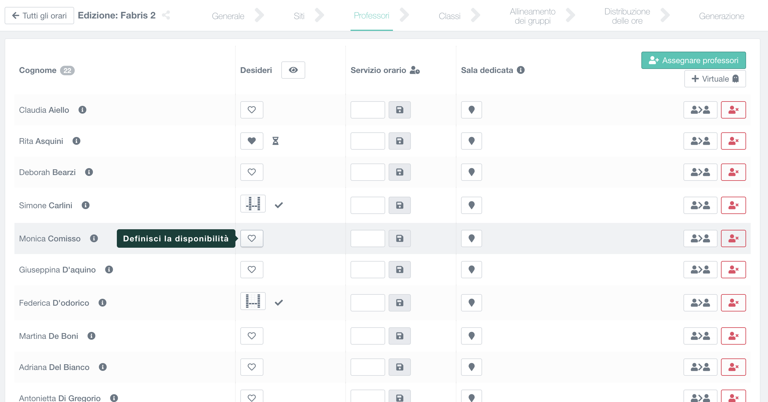 importazione dei professori nell'orario delle lezioni in fase di progettazione, con la gestione delle preferenze considerate, del servizio orario previsto e dell'eventuale sala preferita