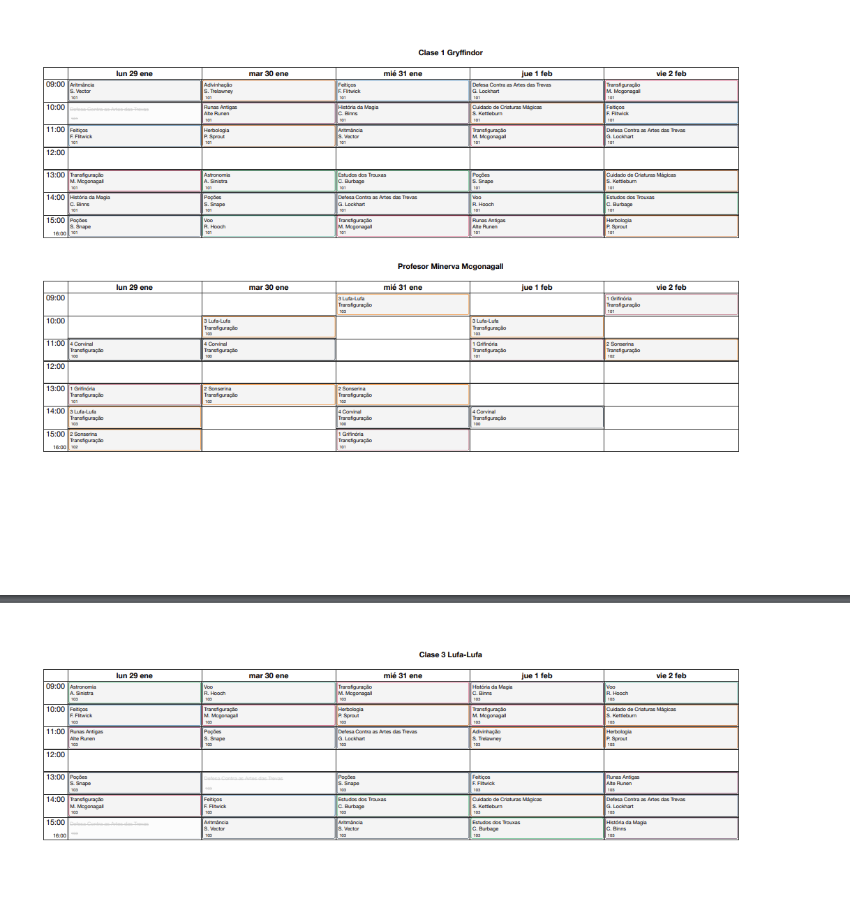 impressão de um horário