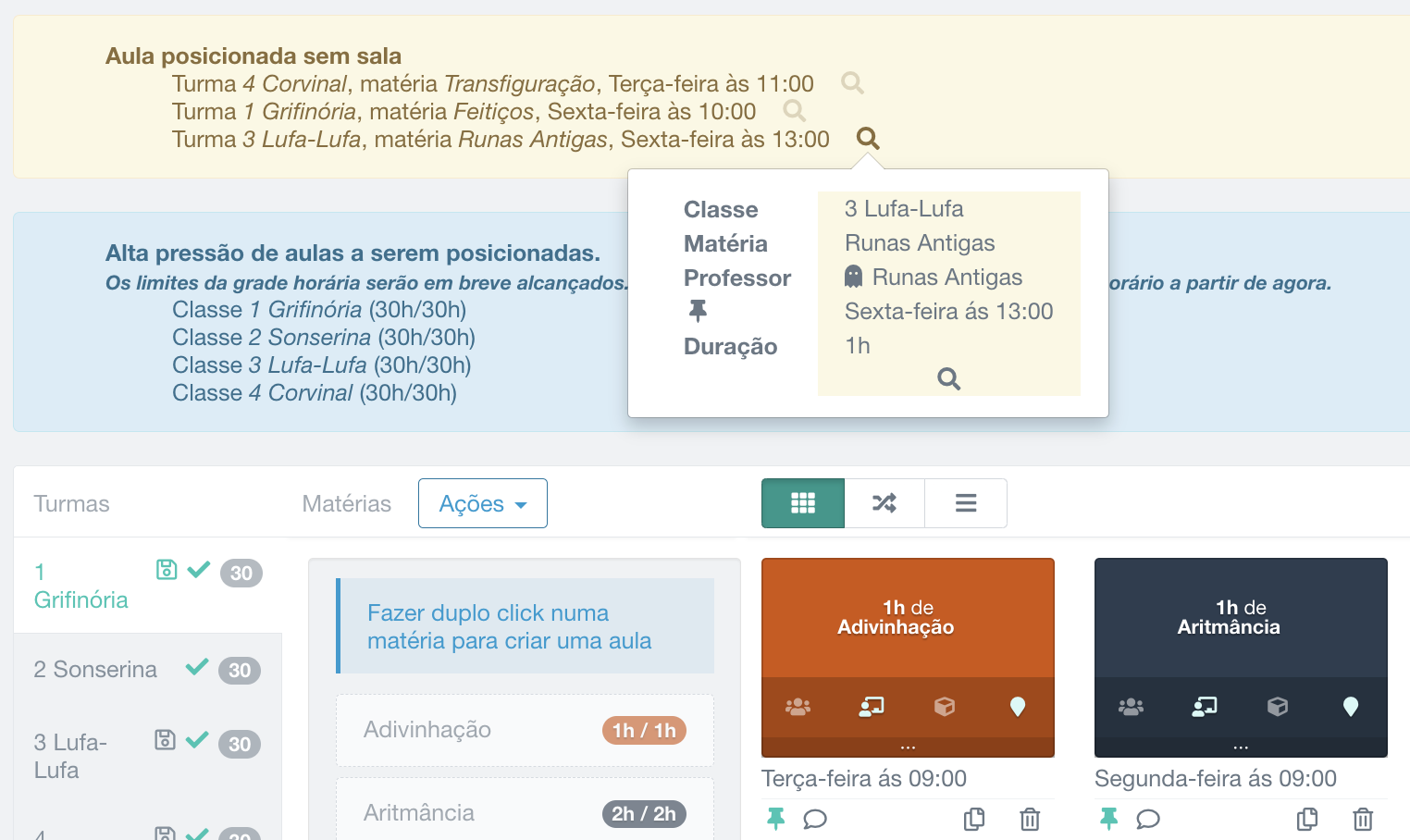 detecção de problema em uma aula: alerta para sala de aula não definida