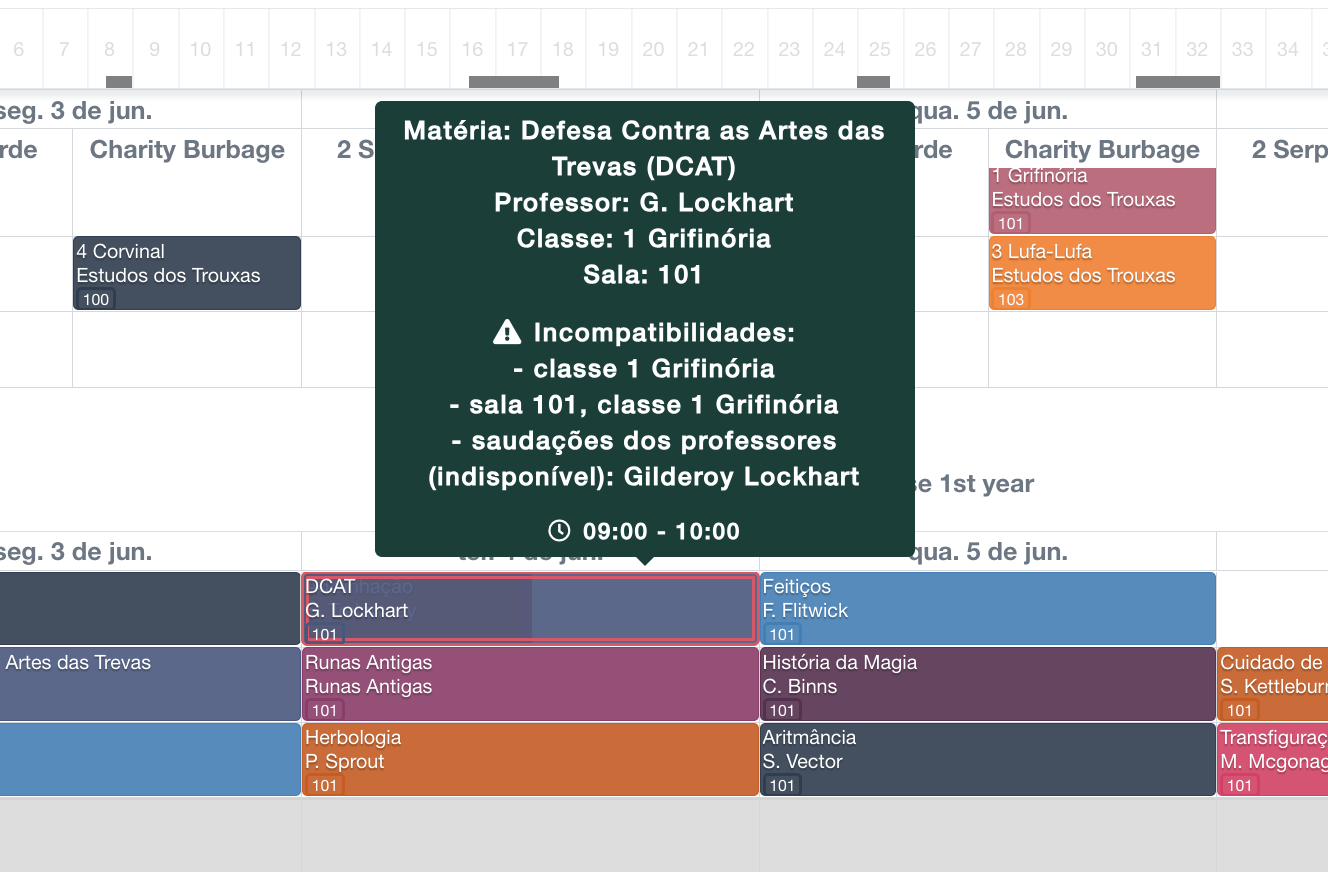 detecção de problema: alertas em uma aula com múltiplos conflitos, diretamente no cronograma
