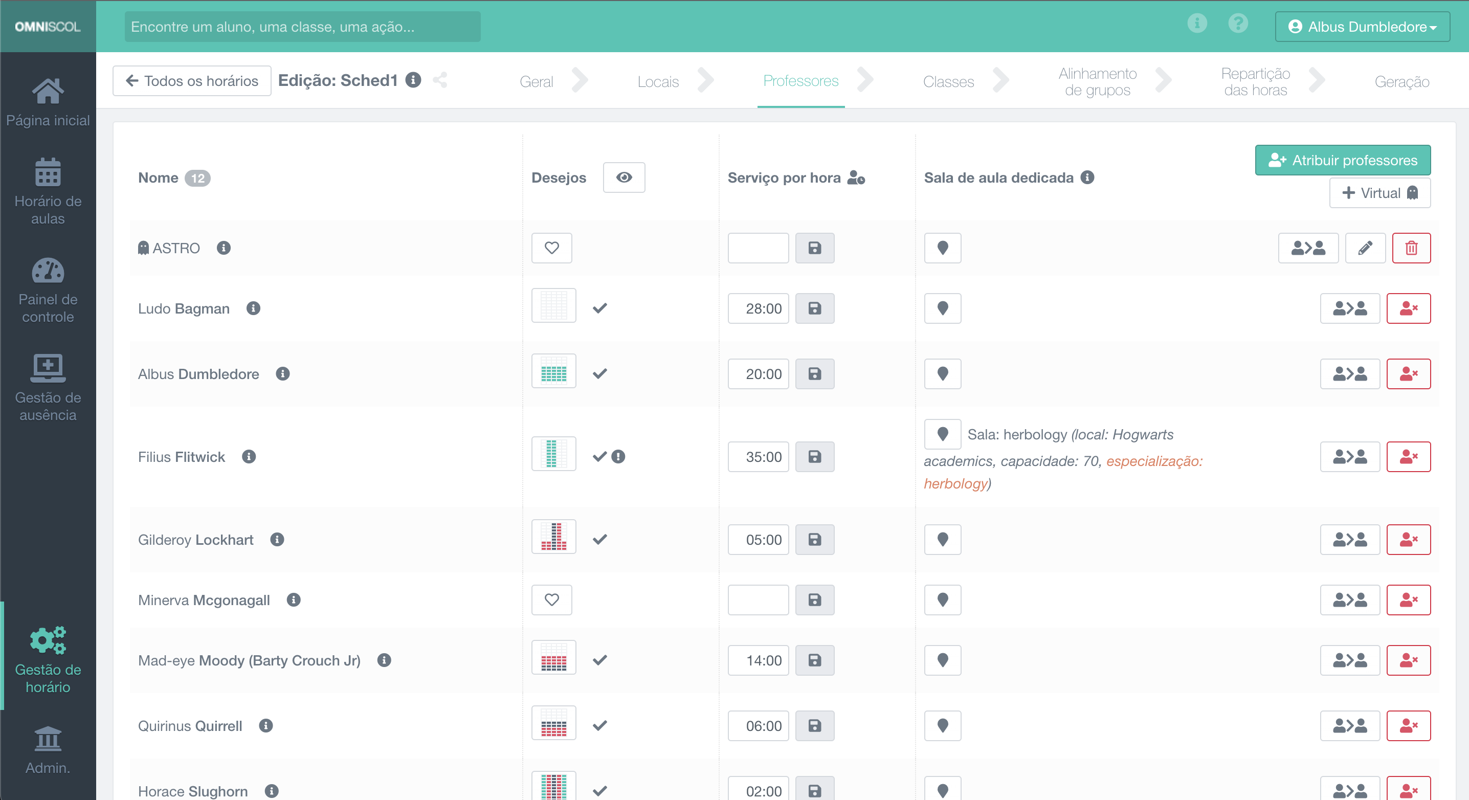 importação de professores no horário em processo de design, com consideração das preferências, horário de serviço previsto e sala preferida opcional